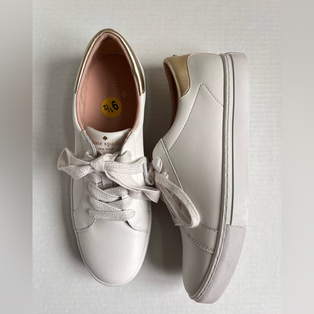 New Kate Spade Leather Designer Sneakers White Gold Size 9,5 NWOT
